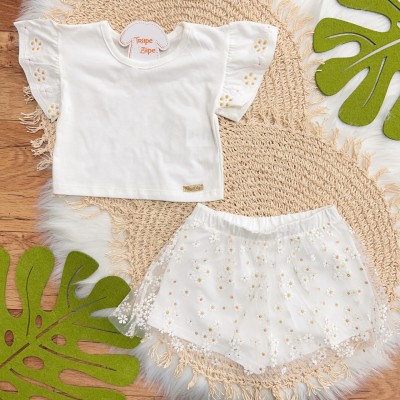 Conj. Blusa Flores e Saia em Tule Margaridas - Off White Conj. Blusa Flores e Saia em Tule Margaridas - Off White